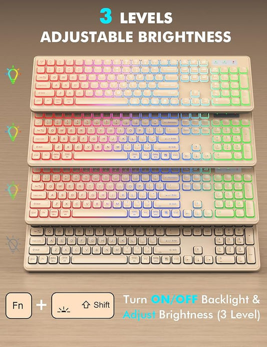 Wireless Keyboard and Mouse Combo - RGB Backlit, Rechargeable & Light Up Letters, Full-Size, Ergonomic Tilt Angle, Sleep Mode, 2.4GHz Quiet Keyboard Mouse for Mac, Windows, Laptop, PC