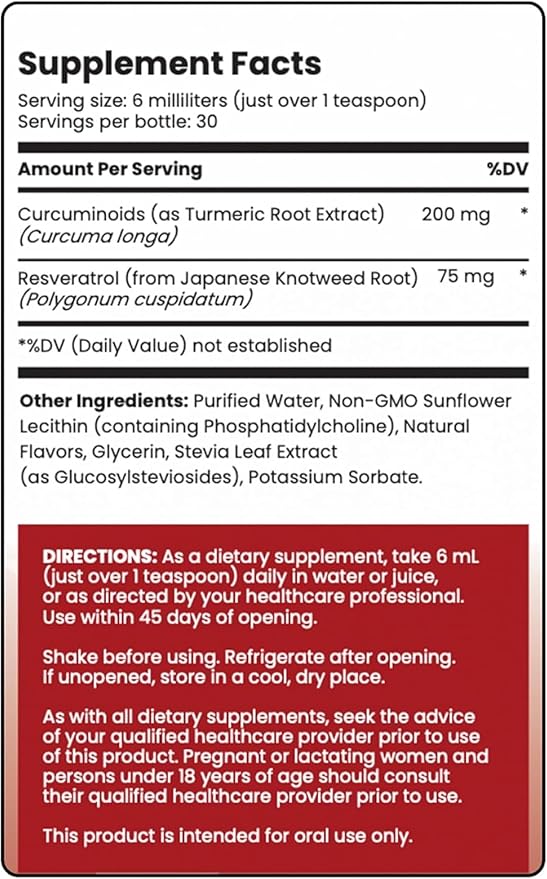 Liposomal Curcumin + Resveratrol (1 Pack) – Ultra High Absorption Liquid Curcumin Supplement – Promotes Joint Comfort, Mobility, Cellular Health and Overall Well-Being