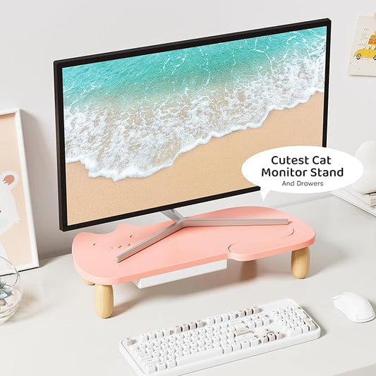 Monitor Stand Riser, Cat-Shaped Sturdy Wood Multi-Purpose Desktop Organizer for Computer, Laptop, Printer, TV, Pink