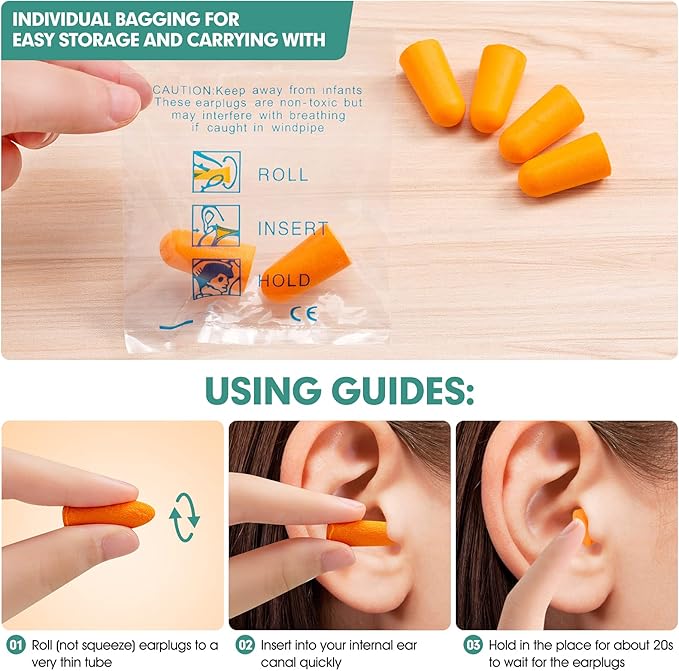 100 Pairs Orange Foam Ear Plugs - 33dB NRR Highest Protection, Soft & Comfortable Noise Canceling Earplugs for Sleeping, Work, Snoring, Construction, Loud Noise