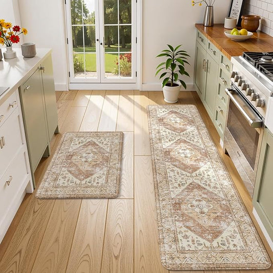 KIMODE Anti Fatigue Kitchen Mats for Floor, Farmhouse Kitchen Rugs Sets of 2, Cushioned Kitchen Floor Mats, Comfort Standing Mats for Sink Laundry Office Desk Khaki 20"x71"+20"x32"