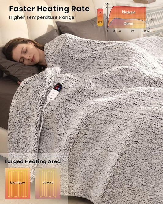 Electric Blanket Queen 84 x 90 Inches, Double-Sided Sherpa, Soft & Cozy Thick Heated Blanket with 6 Heat Settings, 1-10 Hour Auto Off, Machine Washable, Ideal for Couch, Sofa, Bed, Office, Light Grey