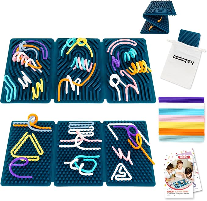 Sensory Activity Board, Six-Sided Silicone Sensory Fidget Toy with 40 Strings for Autism, Stress Relief, Calming, Focus & ADHD, Great for Kids 3+ & Adults with User Guide & Portable Travel Bag