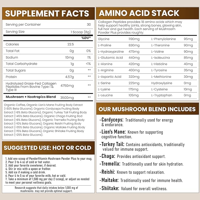 Organic Mushroom Coffee Certified Mold & Mycotoxin-Free GrassFed Collagen Types I & III 8 Fruiting Body Mushrooms Tested for Beta-Glucans Focus Energy Digestion & Immunity 30 Servings