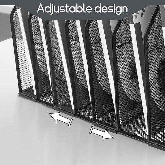 Adjustable Desk File Organizer,Detachable Office Folder Organizer,Compact Vertical Desk File Holder,Wrought Iron Paint,Suitable for Home, School, Office Classrooms (Black - 7 grids)