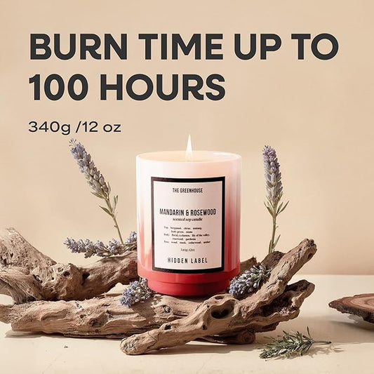 Hidden Label Mandarin & Rosewood Fall Candles, 12oz/75-Hour Burn Time, 100% Natural Soy Wax, Aromatherapy Candle for Stress Relief, Meditation, Yoga & Relaxation