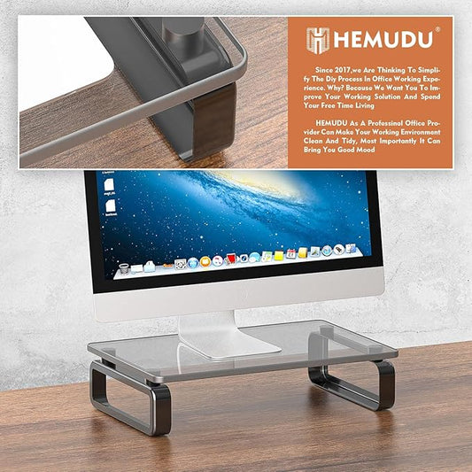 Hemudu Computer Monitor Stand Riser Multi Media Desktop Stand for Flat Screen LCD LED TV, Laptop/Notebook, with Tempered Glass and Metal Legs, Black HD02B-001U