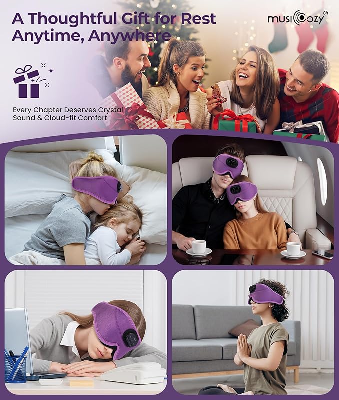 MUSICOZY 3D Bluetooth Sleep Mask with Headphones and Timer, Wireless Sleep Headphones for Side Sleepers, Eye Mask with Bluetooth Headphone, Purple