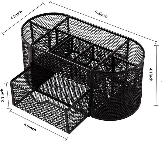 Comix Mesh Pen Pencil Holder Desk Organizer, 8 Compartment and 1 Drawer Wire Desktop Pen Pencil Cup Caddy Office Supplies Accessories for Home Office School, Black