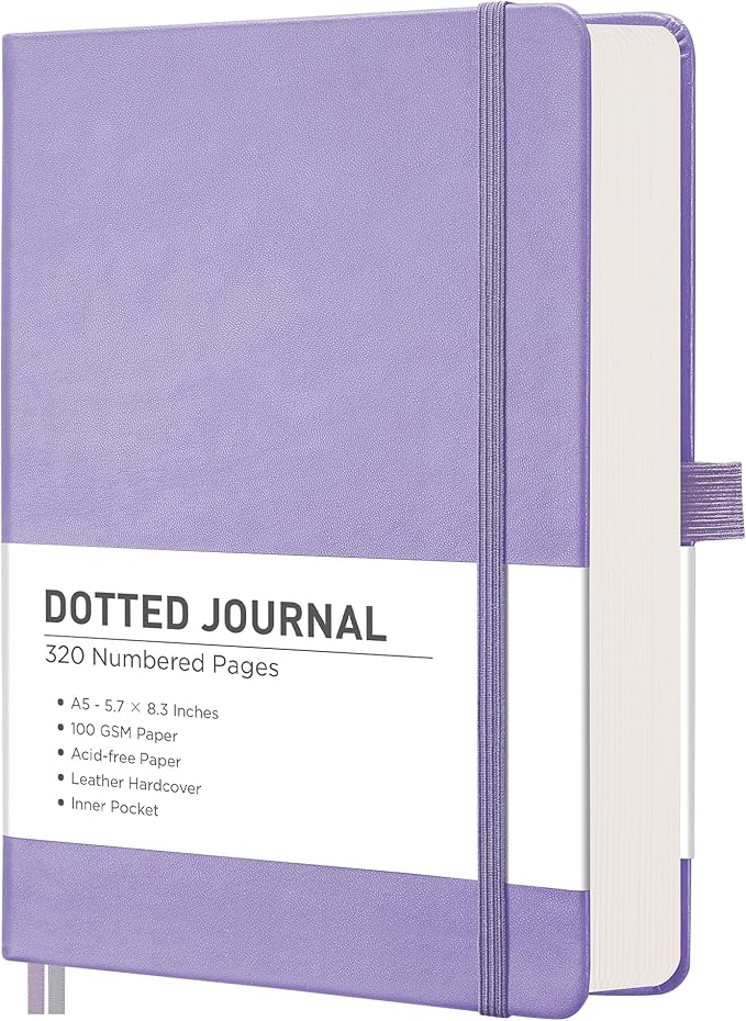 RETTACY Bullet Dotted Journal Notebook, 320 Numbered Pages, A5 Medium Size (5.7'' × 8.3''), Leather Hardcover, 100 GSM Thick Paper, for Bullet Journaling, Planning, Tracking (Purple)