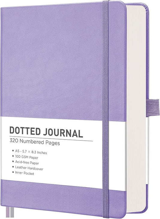RETTACY Bullet Dotted Journal Notebook, 320 Numbered Pages, A5 Medium Size (5.7'' × 8.3''), Leather Hardcover, 100 GSM Thick Paper, for Bullet Journaling, Planning, Tracking (Purple)