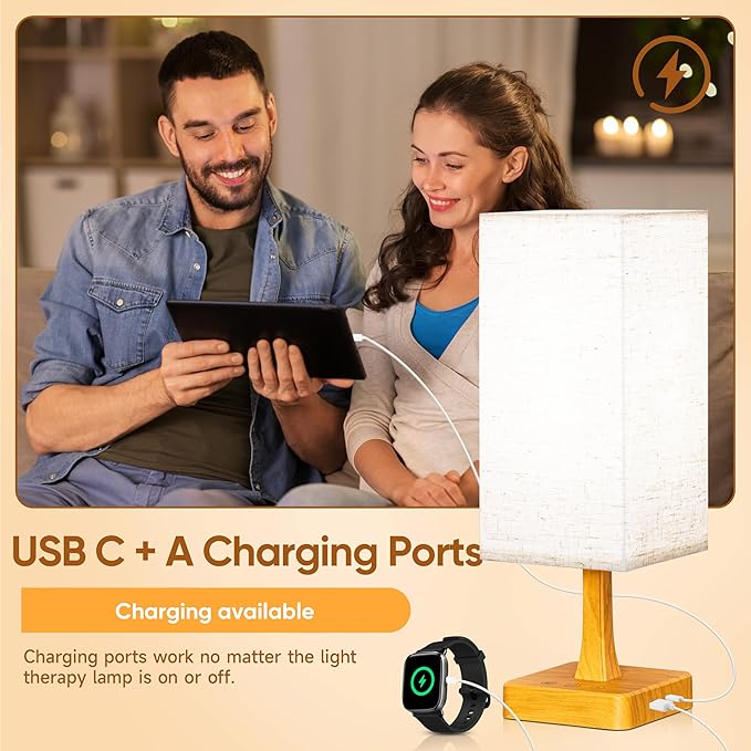 Light Therapy Lamp 10000 Lux Therapy Light with Remote, Upgrade Size, 3 Color Temperatures, 5 Brightness Level Full Spectrum Sunlight Lamp with USB C & A Ports Home/Office Use As Lift Mood, Grain, 24W