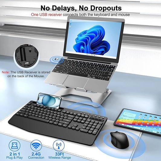 Wireless Keyboard and Mouse Combo with Palm Rest, Phone Holder, Full-Size Quiet Wireless Ergonomic Keyboard and Mouse, Comfortable Natural Typing Compatible for Windows, Laptop, Mac, PC