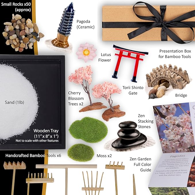 Zen Garden Kit 11x8in. Beautiful Japanese Decor Mini Rock Feature Gift Set for Home, Office Desk. Zen Sand Garden, 6 Tools, 15 Accessories. Sand Tray Therapy Desktop Meditation Room