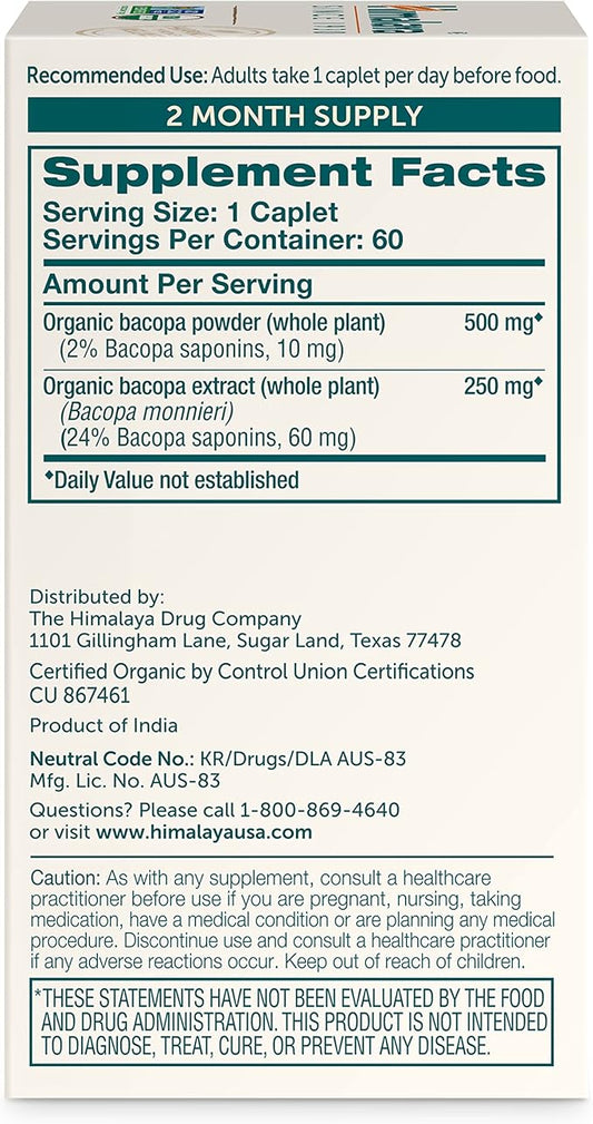 Himalaya Bacopa Monnieri Nootropic Herbal Supplement, Supports Calm, Memory, Cognition, USDA Certified Organic, Non-GMO, 750 mg, 60 Plant-Based Caplets, 60 Day Supply
