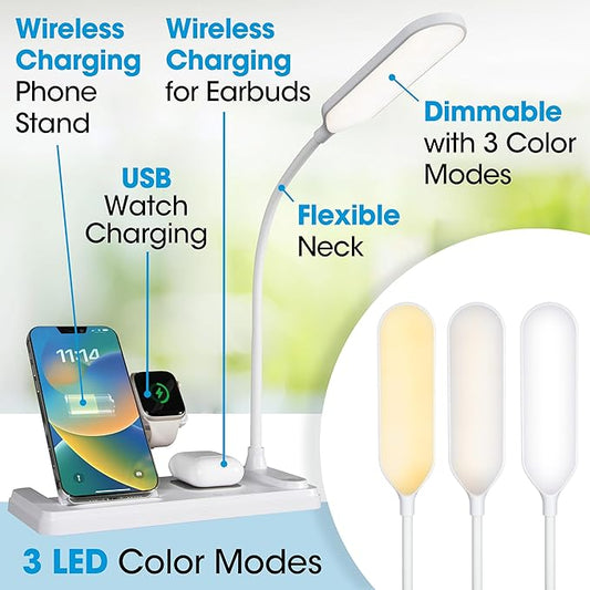 Ottlite LED Desk Lamp with Multi-Device Charging Station, White