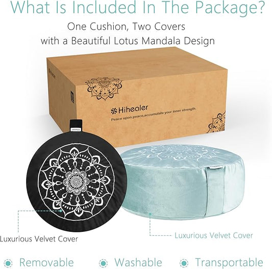 Hihealer Meditation Cushion - Large Velvet Zafu Floor Pillow for Adults and Women - Comfortable Yoga Pillow with Traditional Tibetan Buckwheat Filling for Meditation and Relaxation