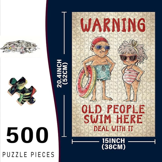 500 Piece Wooden Jigsaw Puzzle Old People Swim Here Deal with it for Adults & Kids Challenging Brain Teaser with Educational Value Stress Relief Focus Tool for Family Bonding 20.4x15 Inch
