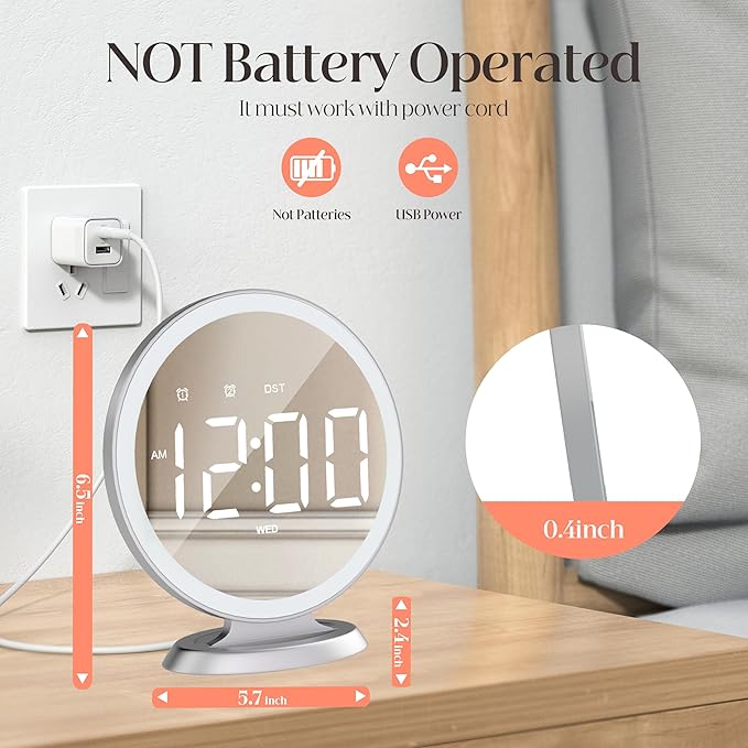 Round Mirror Lighted Digital Alarm Clock, Mirror Surface for Makeup, Large Display, Easy Setting, Auto DST, Auto Dimming, USB Port, Modern Decor for Home, Bedroom, Office, Gift for Women, Girl, Silver