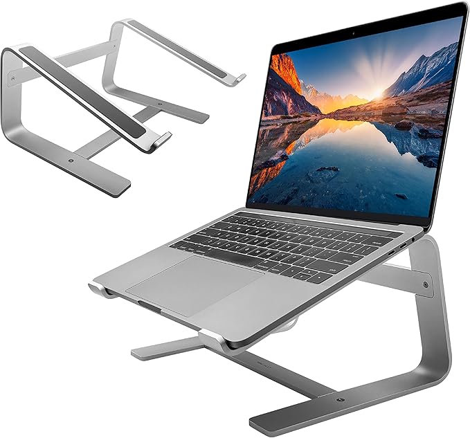Macally Aluminum Laptop Stand for Desk - Works with All MacBook/Pro/Air & Laptops Between 10” to 17.3” - Sleek and Sturdy Laptop Riser - (ASTAND), Silver Aluminum