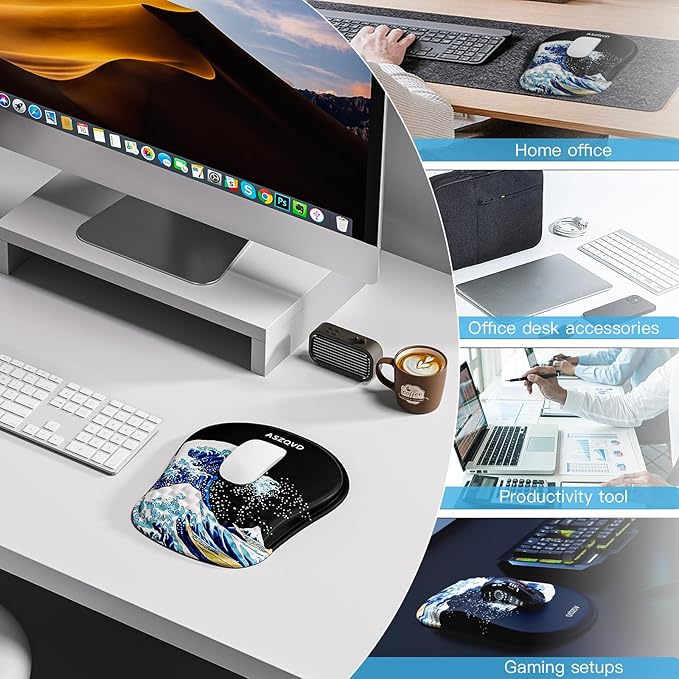 Mouse Pad with Wrist Rest, Ergonomic Mousepads with Wrist Support, Soft Lycra Fabric Memory Foam Office Desk Accessories for Comfort/Pain Relief/PC Gaming/Computer/Laptop (Black Kanagawa)