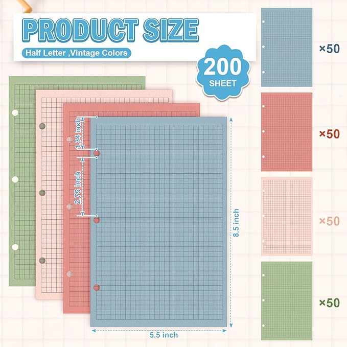 200 Sheets Half Letter 3 Hole Notebook Grid Paper Refill 5-1/2 x 8-1/2 Loose Leaf Paper for Mini Binder Colored Graph Paper Bulk Quad Ruled Graph Paper for Planner Inserts for School Office