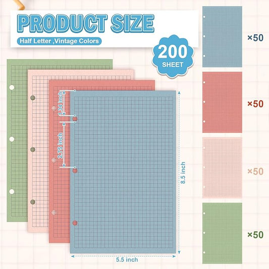 200 Sheets Half Letter 3 Hole Notebook Grid Paper Refill 5-1/2 x 8-1/2 Loose Leaf Paper for Mini Binder Colored Graph Paper Bulk Quad Ruled Graph Paper for Planner Inserts for School Office