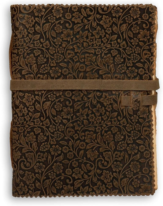 LEATHER VILLAGE Leather Bound Floral Embossed Journal for Women Men - 200 Pages, 8”X6”(A5), Brown - Book of Shadows, Vintage Blank Paper Travel Diary, Notebook for Writing, Drawing, Sketchbook