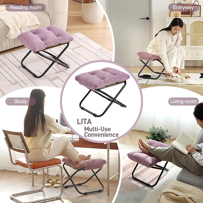 LITA Folding Footrest Stool, Portable Ottoman Foot Rest, Upholstered Small Foldable Ottoman Stool with Detachable Thick Cotton Cushion Padded Sofa Stool for Living Room, Bedroom, Plush Purple
