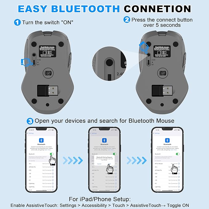 Bluetooth Wireless Computer Mouse, 2.4G Rechargeable Small Ergonomic Optical Mouse Jiggler for Office/Home with Forward/Back Buttons & USB-C/USB-A for Laptop, Desktop, PC, Mac, MacBook - Purple