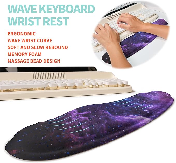 2-in-1 Ergonomic Set, Wave Rise Keyboard Wrist Rest and Massage Bulge Slope Mouse Pad Wrist Support, Cushion Memory Foam Integrated to Relieve Wrist Pain, Galaxy
