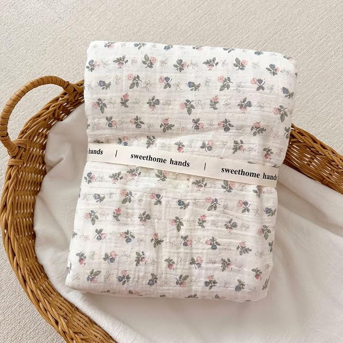 BuLuTu Muslin Cotton Baby Quilt 47x51 Inch, Bellflower Pattern Nursery Blanket for Crib/Toddler Bed, Cottage Floral Baby Blankets, Soft Lightweight Summer Toddler Nap Quilts