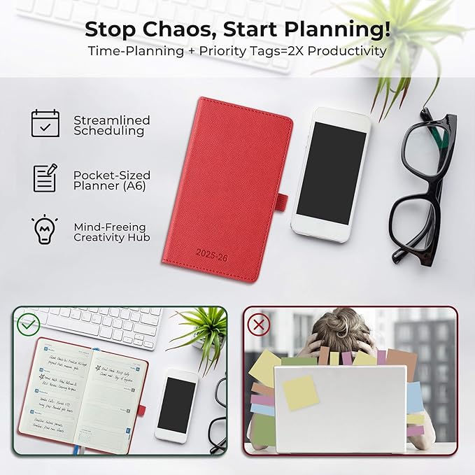 Weekly Monthly 2025-2026 Planner (July 25-Dec 26),6.5"x3.75",18 Months Agenda Plan with Month Tabs & Pocket,Expenses/Note Pages, Academic Calendar with Vegan Leather Cover,Red