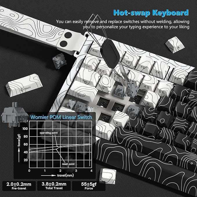 Womier 75% Percent Keyboard Wireless with Topographic Strap,QMK/VIA Creamy Mechanical Keyboard Gaming, RGB Custom Hot Swappable Key Board, PBT Keycaps for Windows & Mac - POM Linear Switch(Q75)