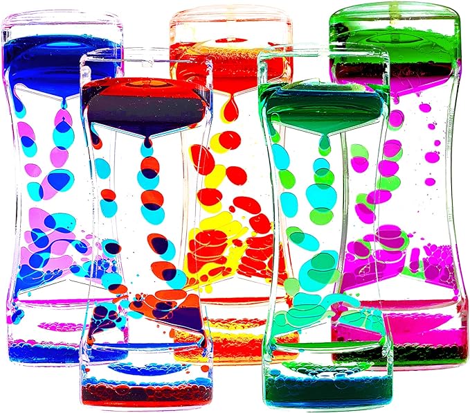 FKYTION Liquid Motion Bubbler Timer Pack of 5 Colorful Hourglass Liquid Bubbler ADHD Fidget Toy Sensory Toy Anxiety Toys Autism Toys Children Activity Calm Relaxing for Kids Teenager Adults