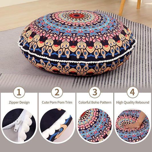 32 inches Meditation Floor Cushion for Adults, 2 Pack Round Large Thick Floor Pillow, Memory Foam Filling, Blue