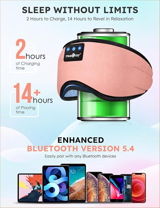 MUSICOZY Sleep Headphones Bluetooth 5.4 Headband Sleeping Eye Mask for Mom Women Men Wireless Music Earbuds Earphones for Side Sleepers Built-in HD Speakers Cool Gadgets Unique Gifts