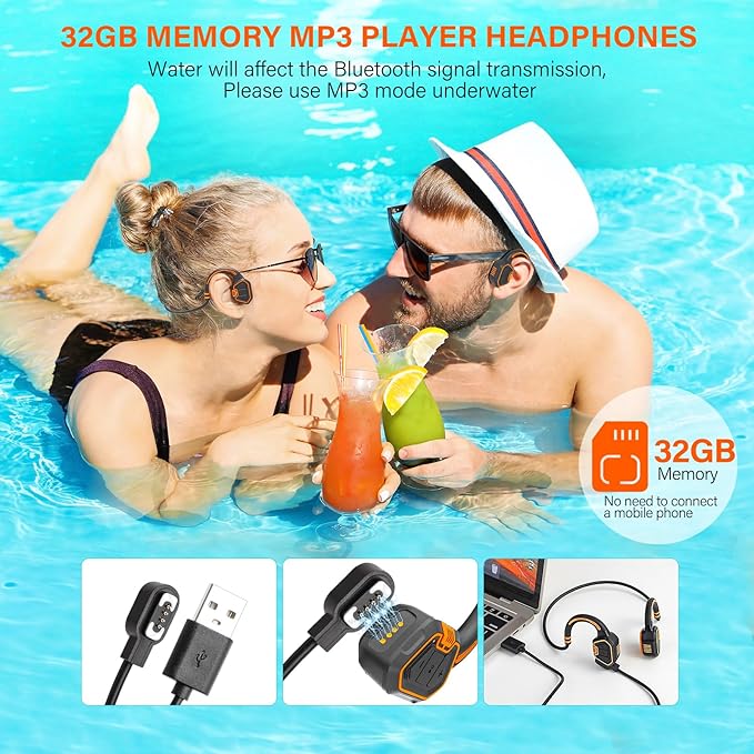 Bone Conduction Headphones Swimming Headphone - IP68 Waterproof Open Ear Headphones with MP3 Play 32G Memory Inductive Wireless Bluetooth Sports Headset for Running Swimming (Orange)