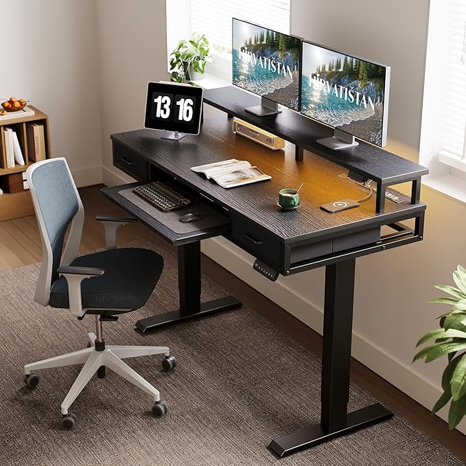 AODK Electric Standing Desk with Drawers & Keyboard Tray, 55 Inch Height Adjustable Desk with Power Outlets & LED Lights, Sit Stand Table with Monitor Stand for Home, Office, Black