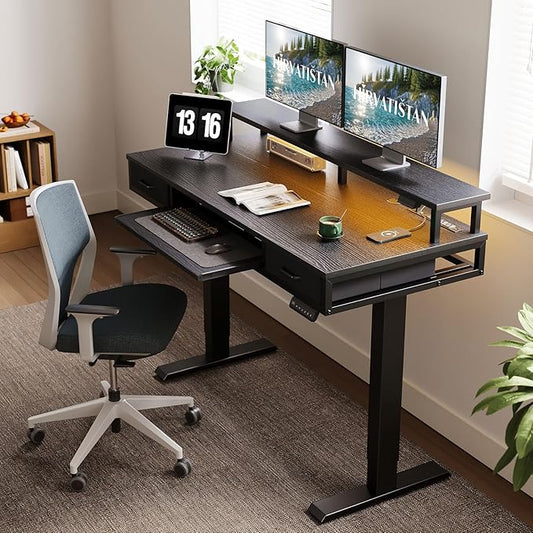 AODK Electric Standing Desk with Drawers & Keyboard Tray, 55 Inch Height Adjustable Desk with Power Outlets & LED Lights, Sit Stand Table with Monitor Stand for Home, Office, Black