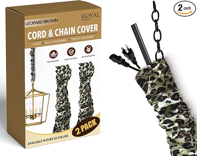 Royal Designs, Inc. Cord & Chain Cover 4 ft Silk Type Fabric, Chandelier Pendant Lighting Chain & Cable Management, Touch Fastener, Leopard Brown - 2 Pack