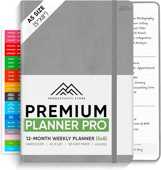 2025 Planner Pro 5.8 x 8.3 - Undated Productivity & Business Planner Notebook & Journal - Monthly Planner 2025 & Daily Planner 2025-2026 - A5 - Grey - Productivity Store