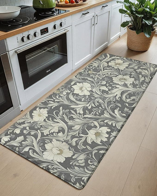 Color&Geometry Floral Kitchen Mat 24"x59", Anti Fatigue Mats for Kitchen Floor, Kitchen Rugs Non Slip, Waterproof & Oil Proof Kitchen Runner for Standing Desk Office, Sink - Grey