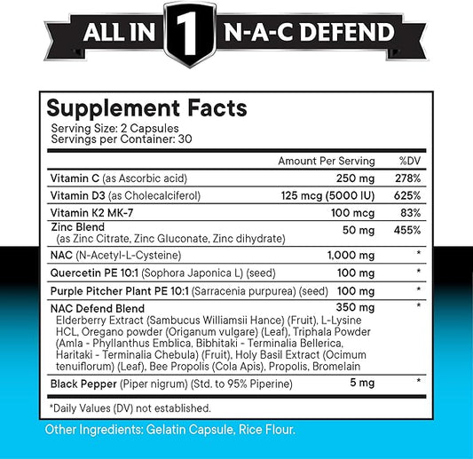 NEW AGE NAC Supplement N-Acetyl Cysteine- with Vitamin D3, K2, Zinc, Quercetin, Triphala, Sarracenia Purpurea, Elderberry, Holy Basil, Bee Propolis, Bromelain, L-Lysine - 60 Count