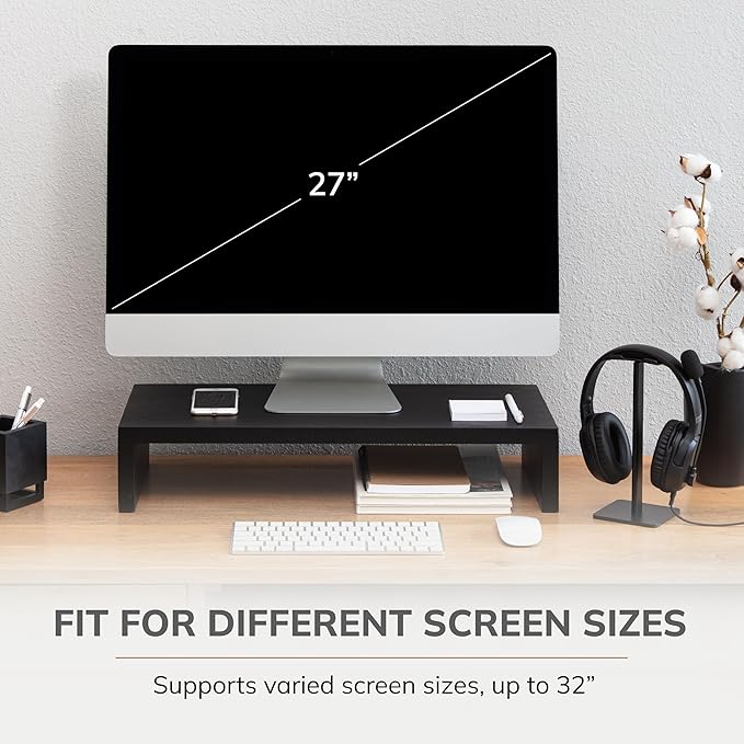 Anji Mountain Wooden Monitor Stand - Elegant Monitor Riser, Perfect Monitor Stand for Desk Organization, Durable Wood Construction monitor stands, Enhances Ergonomics and Workspace Efficiency,Black