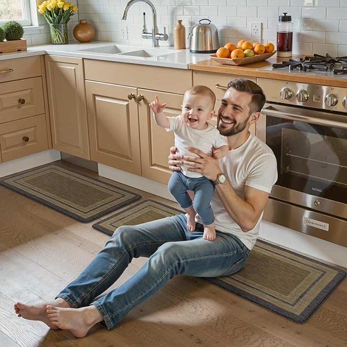 KIMODE Anti Fatigue Kitchen Mats 17"x47"+17"x29", Farmhouse Kitchen Rugs Sets of 2, Non Slip Kitchen Mats for Floor, Cushioned Comfort Standing Mats for Sink Laundry Office Desk Grey/Brown