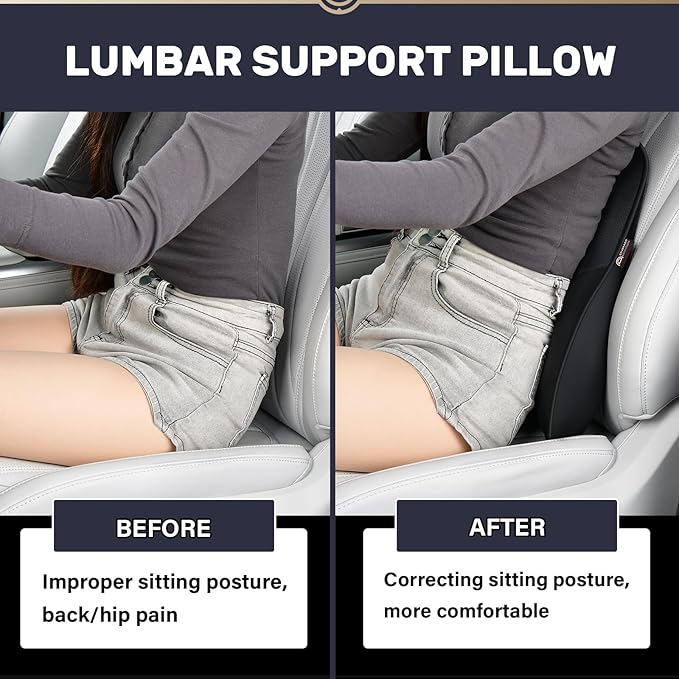 Coverado Lumbar Support Pillow for Car, Ergonomic Memory Foam Back Pillow for Office Chair, New Back Cushion for Pain Relief, PU Leather Car Lumbar Support for Driving Seat - BK