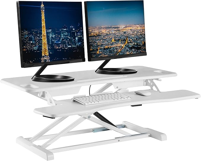 TechOrbits Standing Desk Converter - 37 Inch Adjustable Sit to Stand Up Desk Workstation, MDF Wood, Ergonomic Desk Riser with Keyboard Tray, Desktop Riser for Home Office Computer Laptop, White 37"
