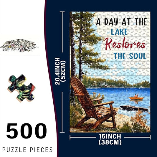 500 Piece Wooden Jigsaw Puzzle Day at The Lake Restores The Soul for Adults & Kids Challenging Brain Teaser for Family Bonding Stress Relief Focus Trainer & Educational Toy 20.4x15 Inch