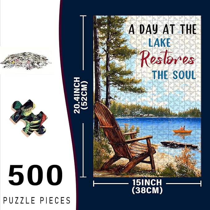 500 Piece Wooden Jigsaw Puzzle Day at The Lake Restores The Soul for Adults & Kids Challenging Brain Teaser for Family Bonding Stress Relief Focus Trainer & Educational Toy 20.4x15 Inch